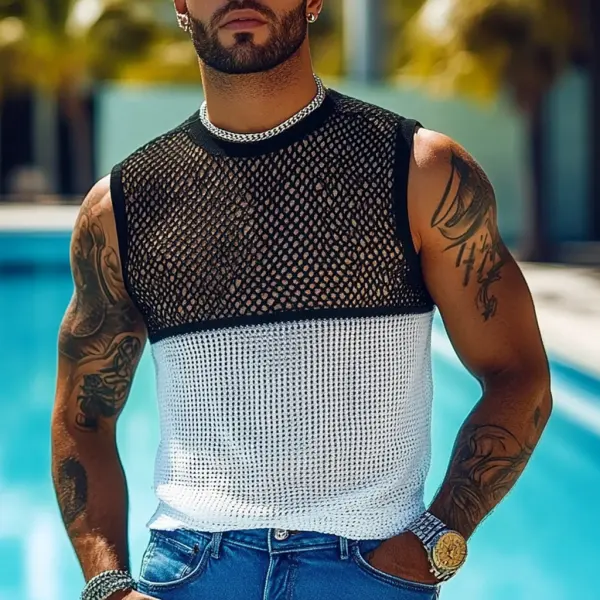 Men's Holiday Crochet Knitted Hollow Color Block Crew Neck Tank Top - Ootdyouth.com 