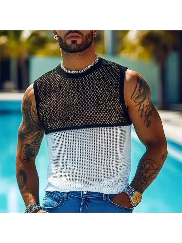 Men's Holiday Crochet Knitted Hollow Color Block Crew Neck Tank Top - Ootdmw.com 