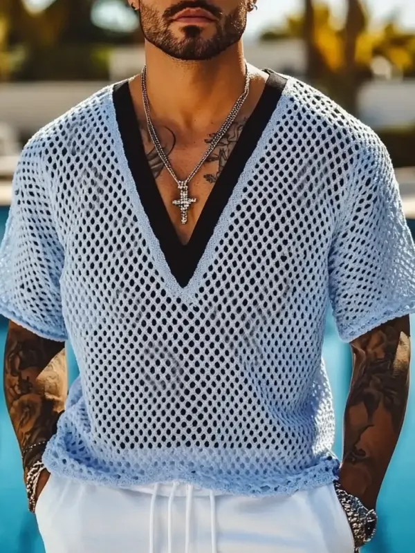 Men's Holiday Crochet Knitted Contrast Color Hollow V-neck Short Sleeve T-shirt - Menwyx.com 