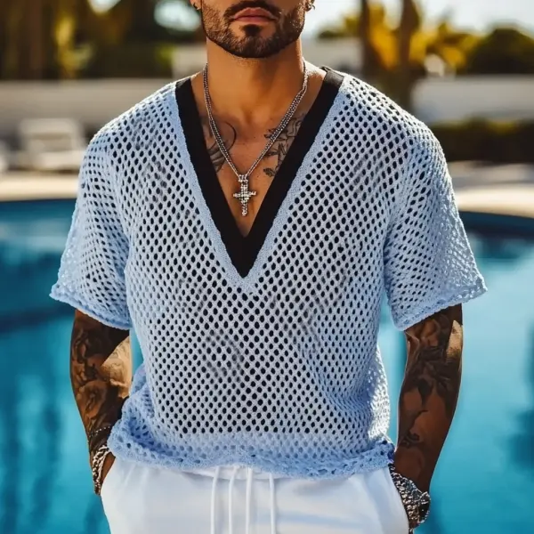 Men's Holiday Crochet Knitted Contrast Color Hollow V-neck Short Sleeve T-shirt - Ootdyouth.com 