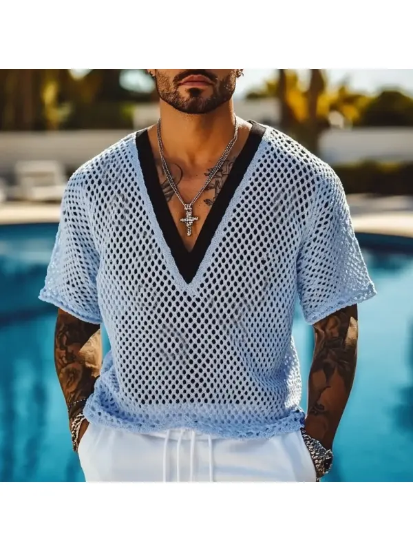 Men's Holiday Crochet Knitted Contrast Color Hollow V-neck Short Sleeve T-shirt - Ootdmw.com 