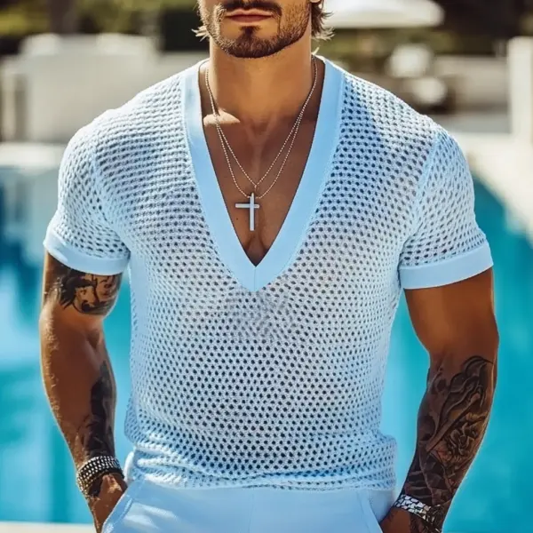 Men's Holiday Crochet Knit Hollow V-Neck Short Sleeve T-Shirt - Spiretime.com 