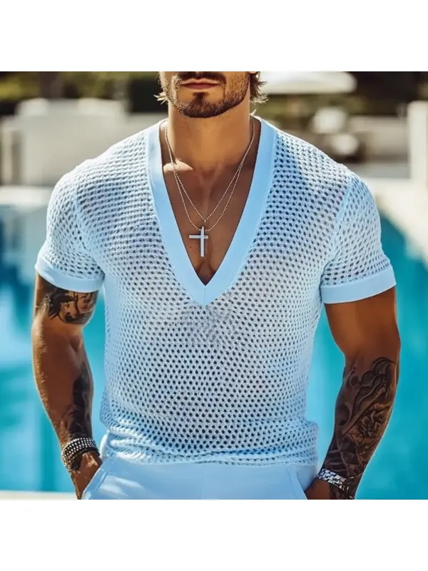 Men's Holiday Crochet Knit Hollow V-Neck Short Sleeve T-Shirt - Anrider.com 