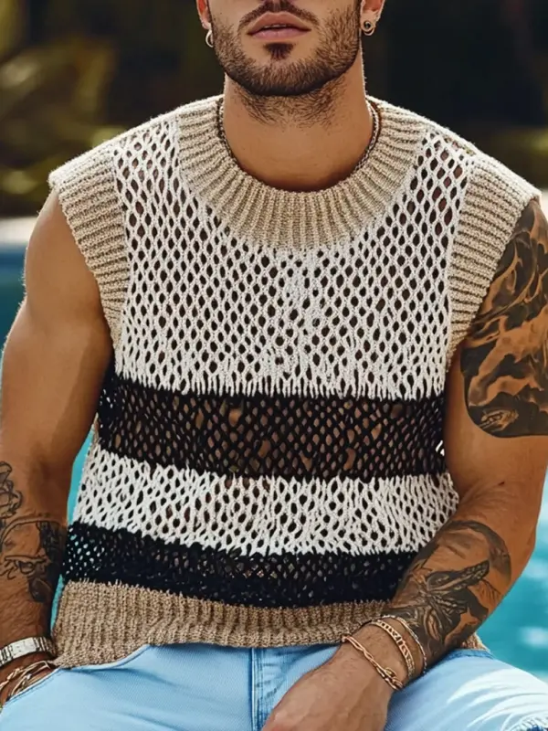 Men's Holiday Crochet Knitted Hollow Color Block Crew Neck Sweater Sleeveless Tank Top - Menwyx.com 