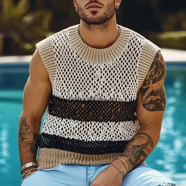 Men's Holiday Crochet Knitted Hollow Color Block Crew Neck Sweater Sleeveless Tank Top - Ootdyouth.com 