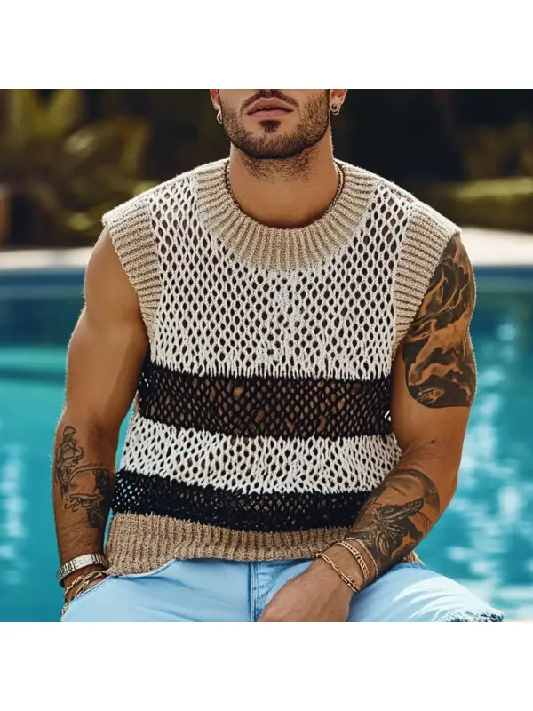 Men's Holiday Crochet Knitted Hollow Color Block Crew Neck Sweater Sleeveless Tank Top - Anrider.com 