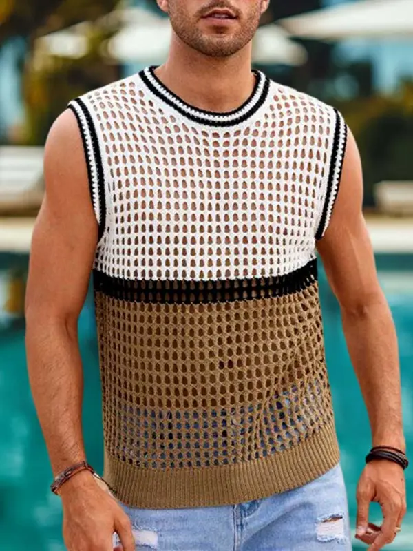 Men's Holiday Crochet Knitted Color Block Crew Neck Sleeveless Sweater Tank Top - Menwyx.com 