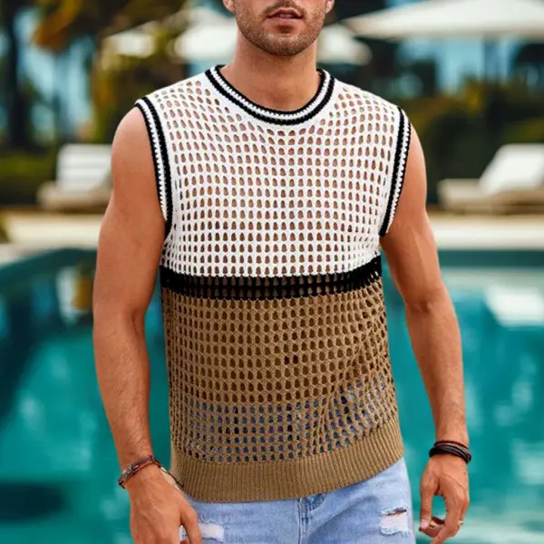 Men's Holiday Crochet Knitted Color Block Crew Neck Sleeveless Sweater Tank Top - Ootdyouth.com 