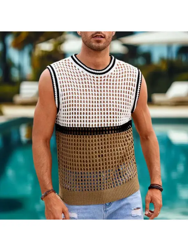 Men's Holiday Crochet Knitted Color Block Crew Neck Sleeveless Sweater Tank Top - Ootdmw.com 