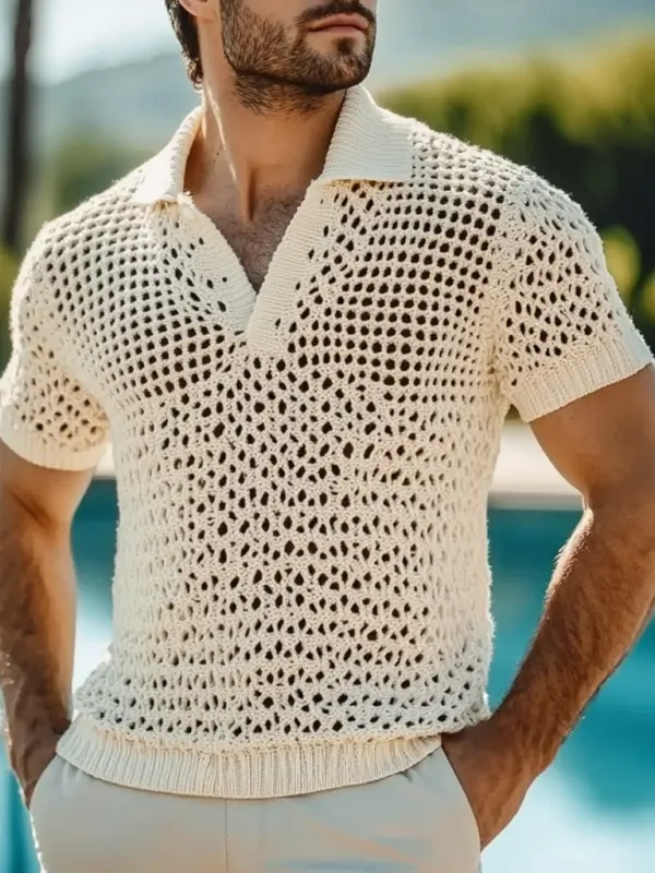 Men's Holiday Crochet Knitted Hollow Polo Sweater Short Sleeve T-Shirt - Menwyx.com 