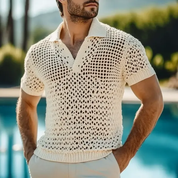 Men's Holiday Crochet Knitted Hollow Polo Sweater Short Sleeve T-Shirt - Spiretime.com 