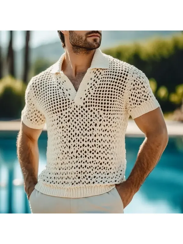 Men's Holiday Crochet Knitted Hollow Polo Sweater Short Sleeve T-Shirt - Anrider.com 