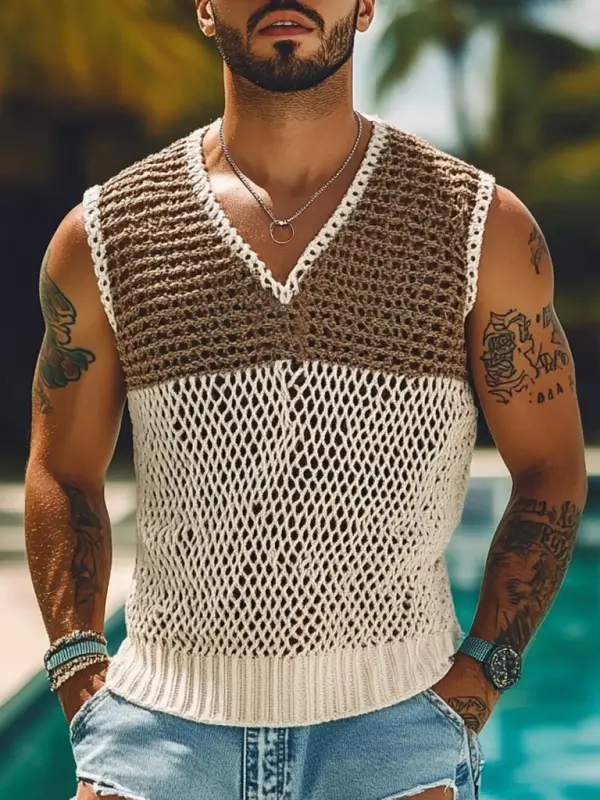 Men's Holiday Crochet Knitted Hollow Color Block V-Neck Sweater Sleeveless Tank Top - Menwyx.com 