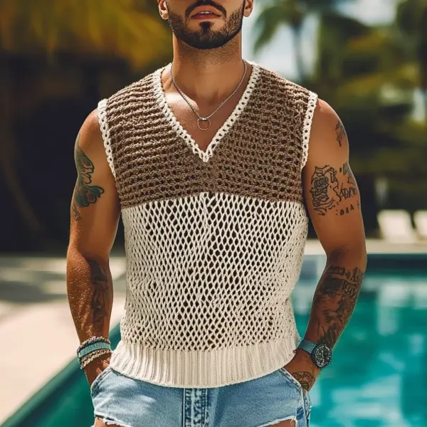 Men's Holiday Crochet Knitted Hollow Color Block V-Neck Sweater Sleeveless Tank Top - Ootdyouth.com 