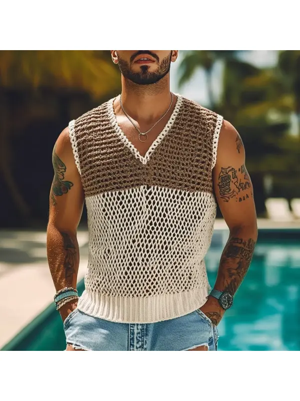 Men's Holiday Crochet Knitted Hollow Color Block V-Neck Sweater Sleeveless Tank Top - Anrider.com 