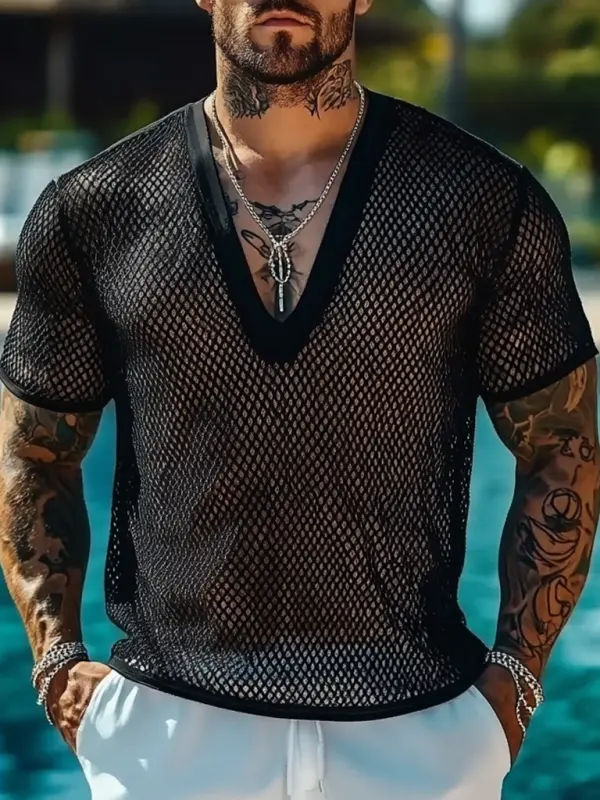 Men's Holiday Crochet Hollow Mesh V-Neck Short Sleeve T-Shirt - Menwyx.com 