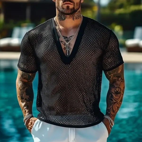 Men's Holiday Crochet Hollow Mesh V-Neck Short Sleeve T-Shirt - Ootdyouth.com 