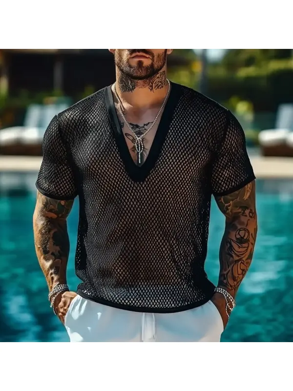 Men's Holiday Crochet Hollow Mesh V-Neck Short Sleeve T-Shirt - Frontiercool.com 