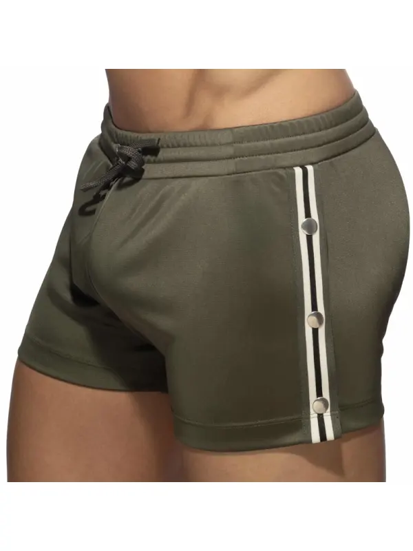 Men's Sexy Olive Green Active Shorts With Striped Side Panels And Adjustable Waistband - Ootdmw.com 