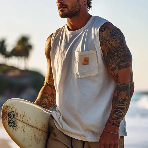 Men's Vintage Crew Neck Pockets Sleeveless Tank Top - Ootdyouth.com 
