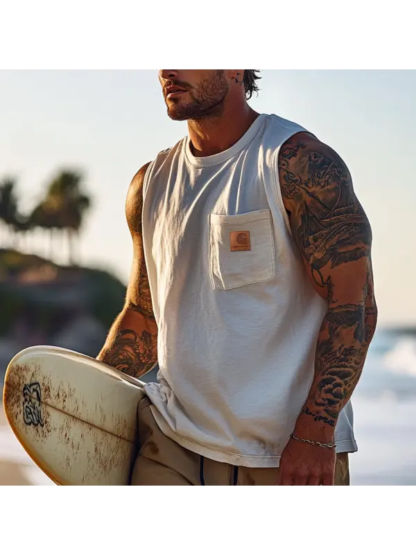 Men's Vintage Crew Neck Pockets Sleeveless Tank Top - Ootdmw.com 