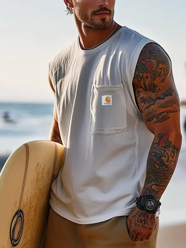 Men's Vintage Crew Neck Pockets Sleeveless Tank Top - Pragmaace.com 