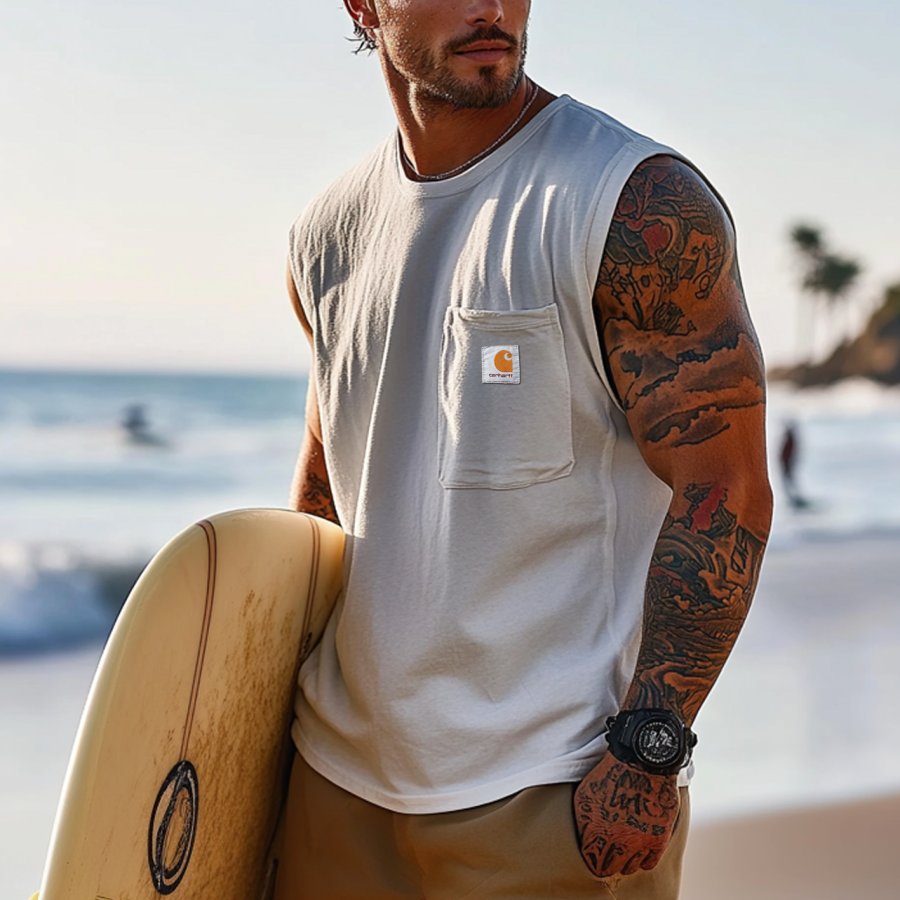 

Men's Vintage Crew Neck Pockets Sleeveless Tank Top