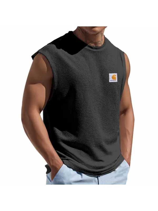 Men's Sleeveless Round Neck Vest Texture Solid Color Tank Top Perfect For Casual And Workwear - Ootdmw.com 
