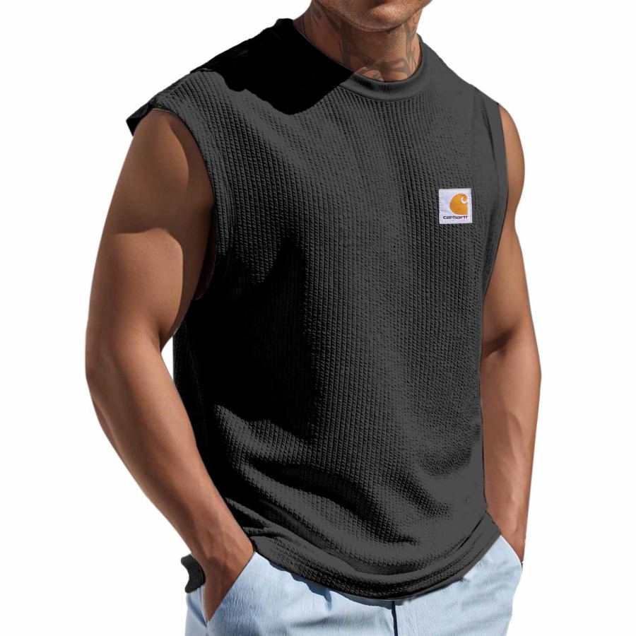 

Men's Sleeveless Round Neck Vest Texture Solid Color Tank Top Perfect For Casual And Workwear