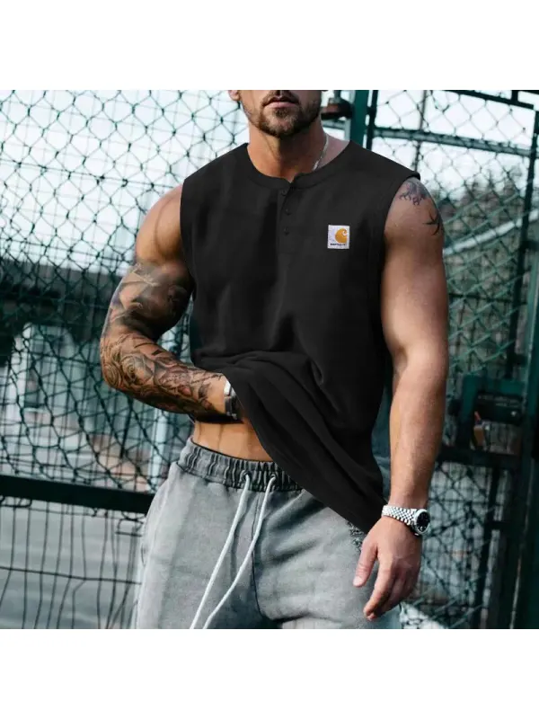 Men's Sleeveless Henley Tank Top - Perfect For Fitness And Casual Wear - Ootdmw.com 
