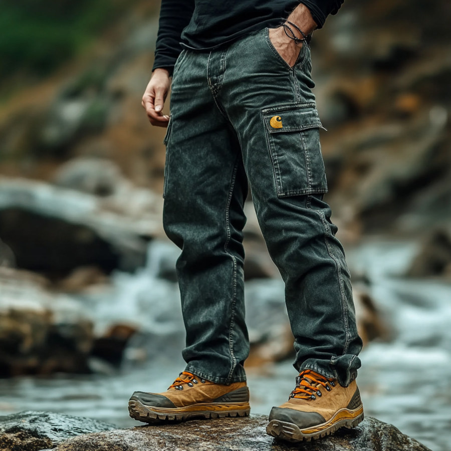 

Vintage Outdoor Men's Casual Pants Overalls Multifunctional Trousers Washed Jeans Trousers