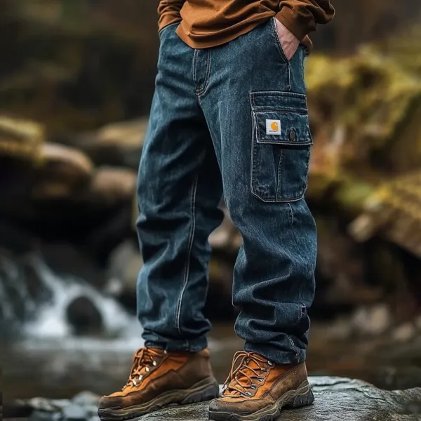 Vintage Outdoor Men's Casual Pants Overalls Multifunctional Trousers Washed Jeans Trousers - Zivinfo.com 