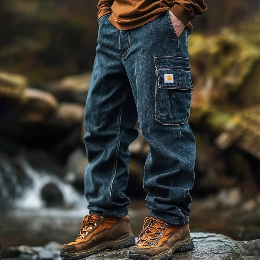 

Vintage Outdoor Men's Casual Pants Overalls Multifunctional Trousers Washed Jeans Trousers