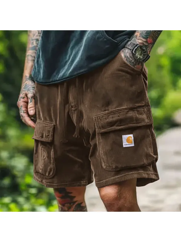 Men's Corduroy Dark Coffee Cargo Shorts With Multiple Pockets For Outdoor Adventures - Ootdmw.com 