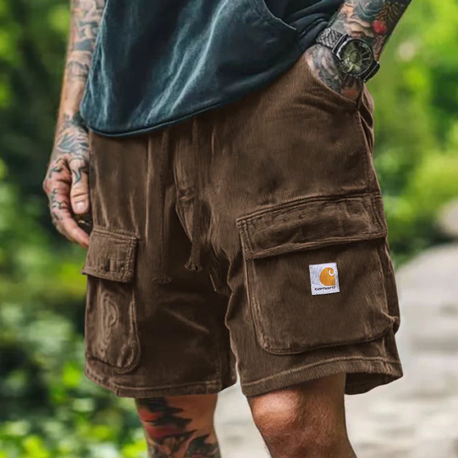 

Men's Corduroy Dark Coffee Cargo Shorts With Multiple Pockets For Outdoor Adventures