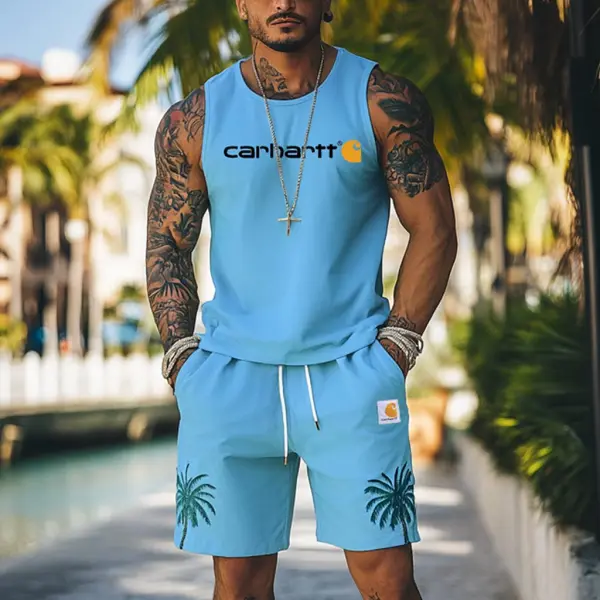 Men's Palm Tree Hawaii Surf Print Sky Blue Tank Top And Shorts Set - Cotosen.chimpone.com 