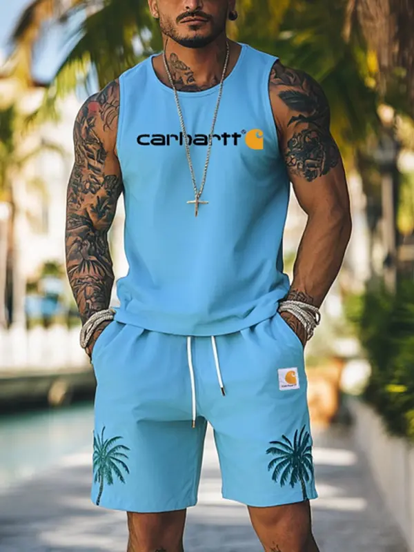 Men's Palm Tree Hawaii Surf Print Sky Blue Tank Top And Shorts Set - Menwyx.com 