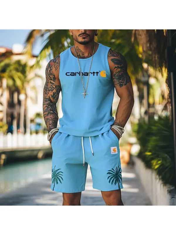 Men's Palm Tree Hawaii Surf Print Sky Blue Tank Top And Shorts Set - Ootdmw.com 