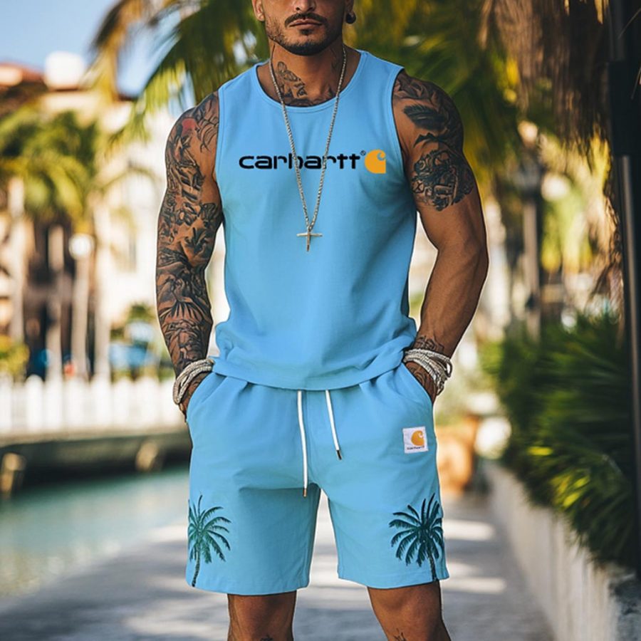

Men's Palm Tree Hawaii Surf Print Sky Blue Tank Top And Shorts Set