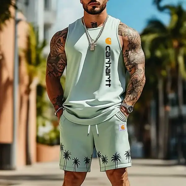 Men's Palm Tree Hawaii Surf Print Light Green Tank Top And Shorts Set - Cotosen.chimpone.com 