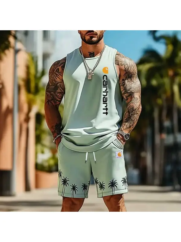 Men's Palm Tree Hawaii Surf Print Light Green Tank Top And Shorts Set - Ootdmw.com 