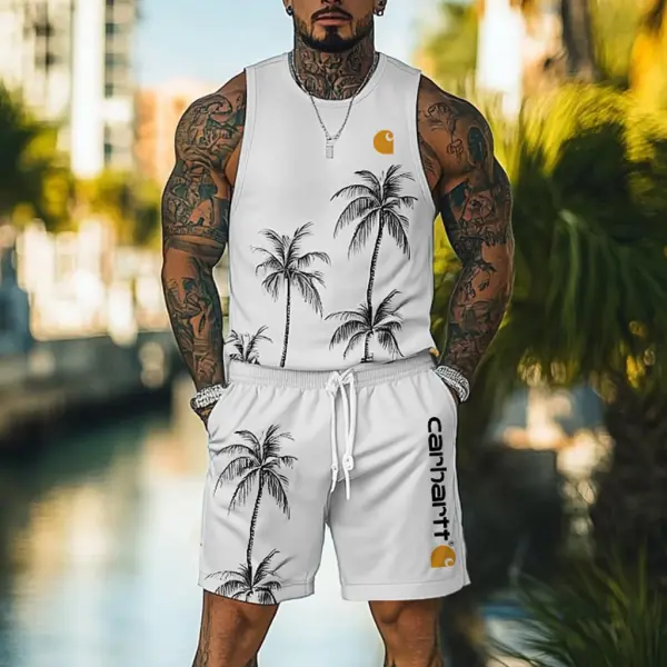 Men's Palm Tree Hawaii Surf Print White Tank Top And Shorts Set - Cotosen.chimpone.com 