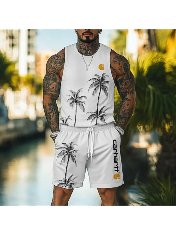 Men's Palm Tree Hawaii Surf Print White Tank Top And Shorts Set - Ootdmw.com 