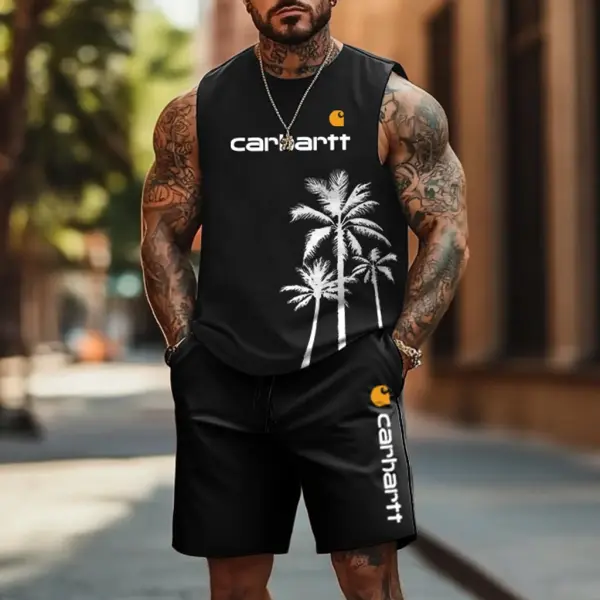 Men's Palm Tree Hawaii Surf Print Black Tank Top And Shorts Set - Cotosen.chimpone.com 