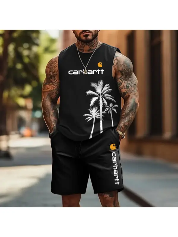 Men's Palm Tree Hawaii Surf Print Black Tank Top And Shorts Set - Ootdmw.com 