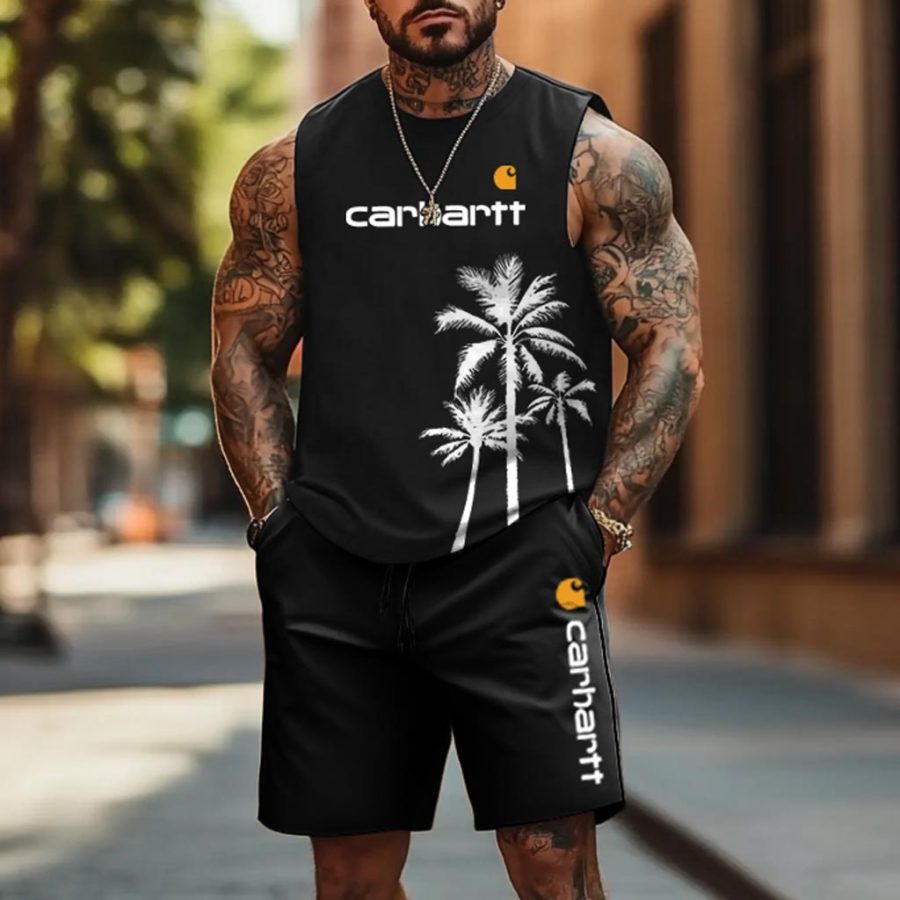 

Men's Palm Tree Hawaii Surf Print Black Tank Top And Shorts Set
