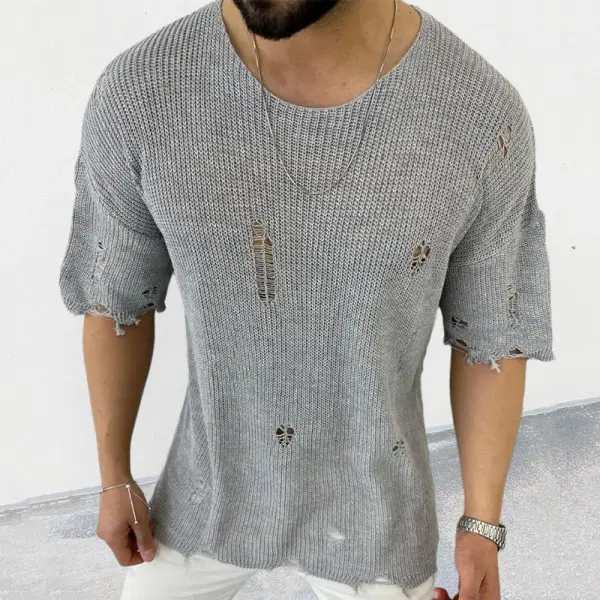 Men's Crew Neck Short Sleeve Hollow Pullover Sweater - Ootdcowboys.com 