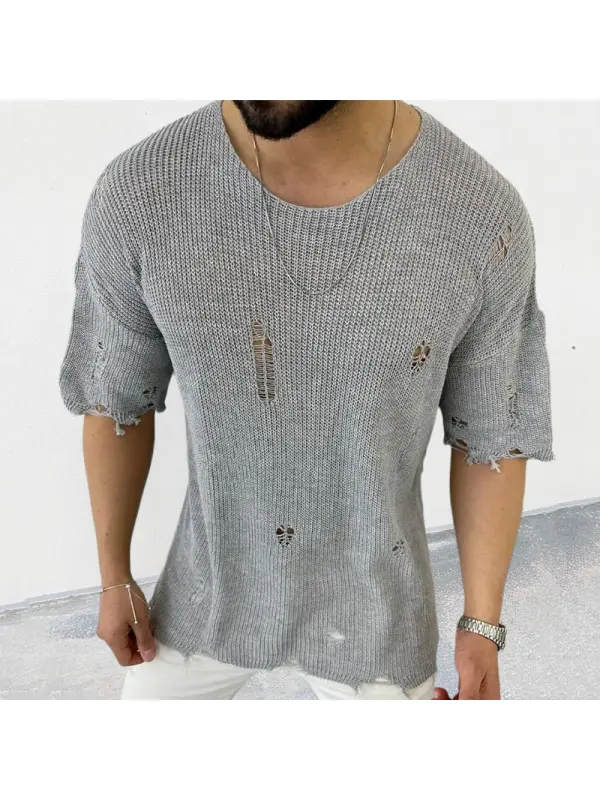 Men's Crew Neck Short Sleeve Hollow Pullover Sweater - Ootdmw.com 