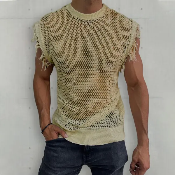 Men's Solid Color Sleeveless Hollow Raw Edge Knitted Vest - Ootdcowboys.com 