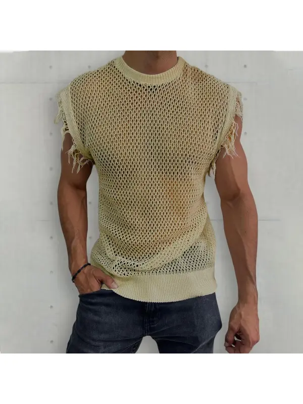 Men's Solid Color Sleeveless Hollow Raw Edge Knitted Vest - Ootdmw.com 